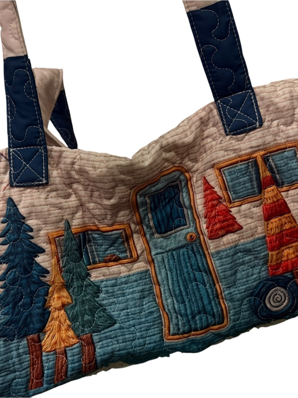 Quilted Camper Van Tote Bag with Forest Applique - Teal & Beige